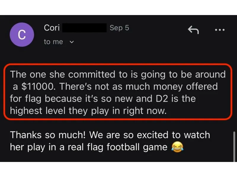 Testimonial screenshot: $11,000 scholarship offer for flag football