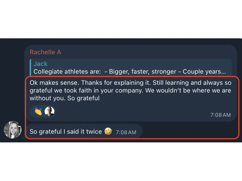 Testimonial screenshot: Grateful for company guidance through process