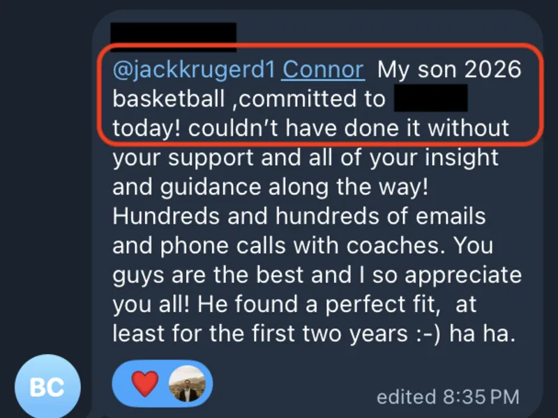Testimonial screenshot: 2026 basketball player committed after extensive outreach
