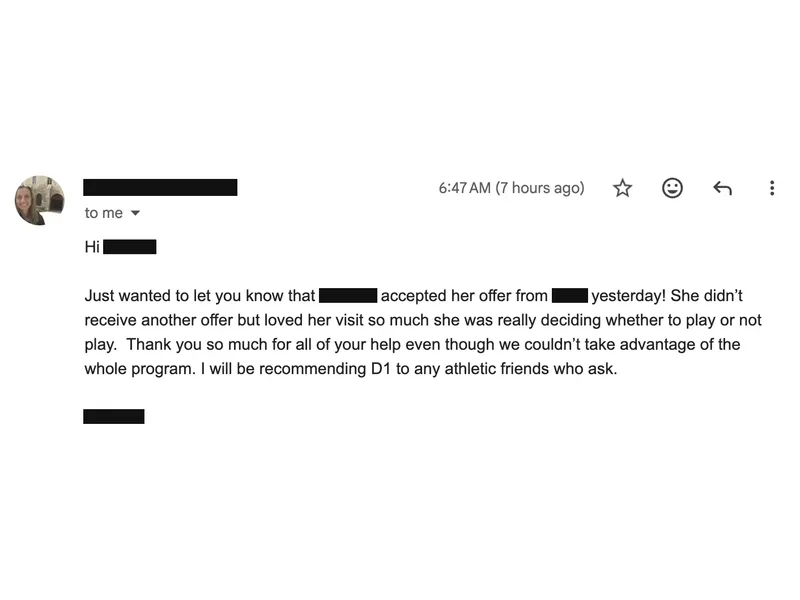 Testimonial screenshot: Accepted offer to play at a university