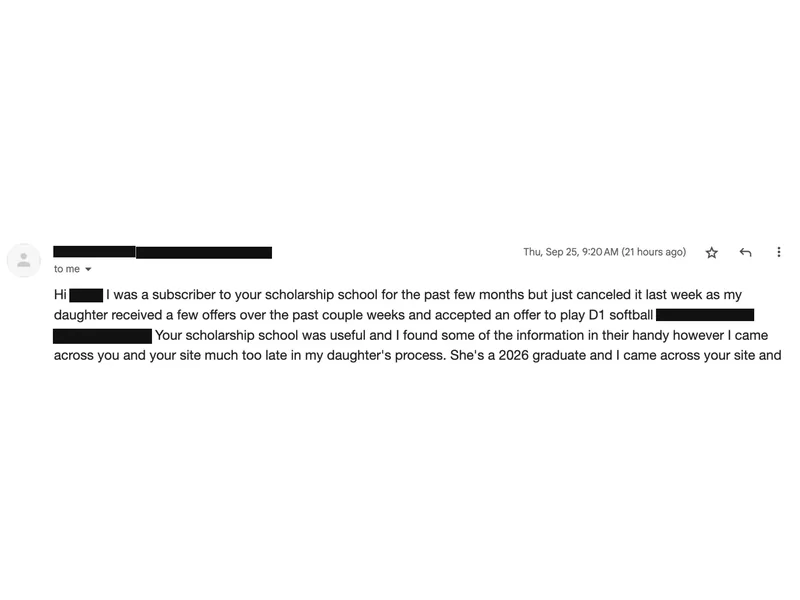 Testimonial screenshot: Accepted offer to play D1 softball