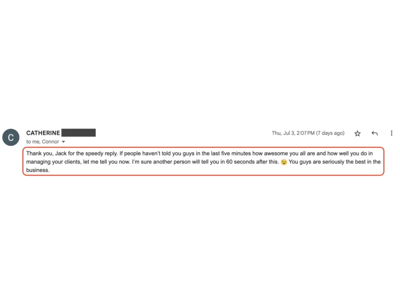 Testimonial screenshot: Excellent service and client management