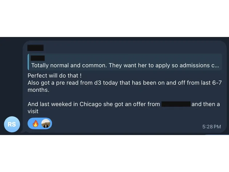 Testimonial screenshot: Athlete receives offer following Chicago camp