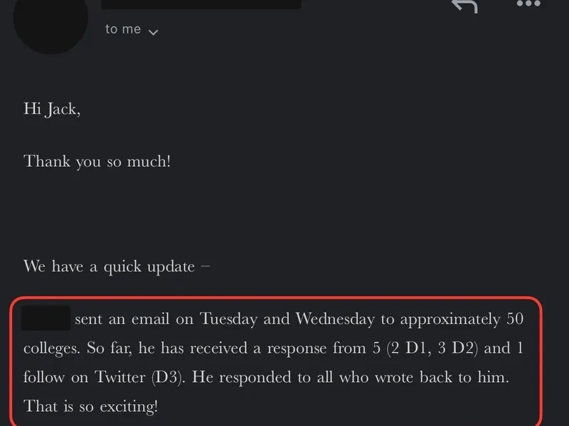 Testimonial screenshot: Five responses from fifty colleges emailed