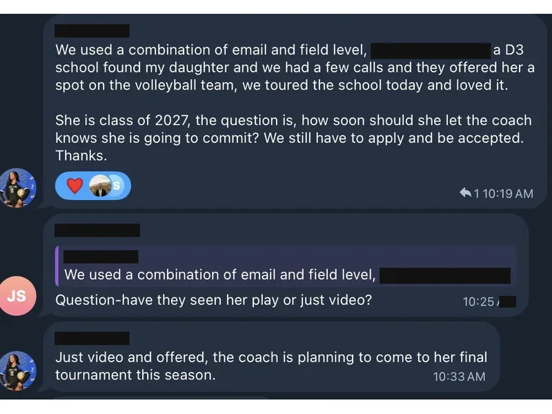Testimonial screenshot: Volleyball team spot offered based on video
