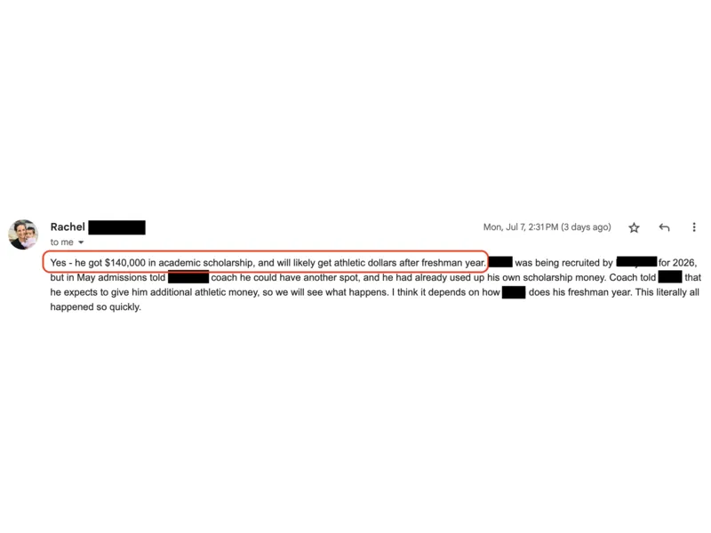 Testimonial screenshot: Received $140,000 in academic scholarship funds
