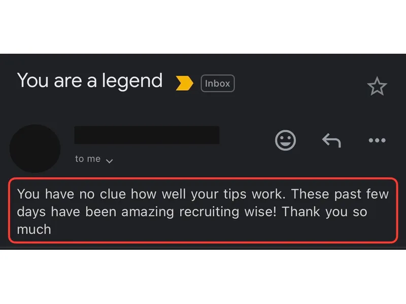 Testimonial screenshot: Amazing recruiting progress from expert tips