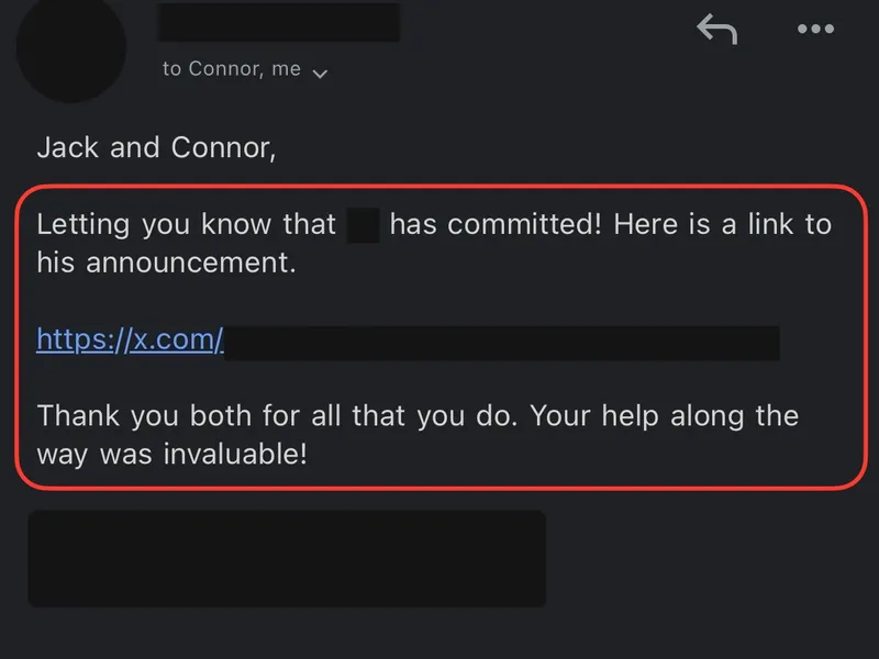 Testimonial screenshot: Committed to college with recruiting support