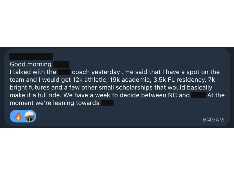 Testimonial screenshot: Multiple scholarships creating nearly a full ride