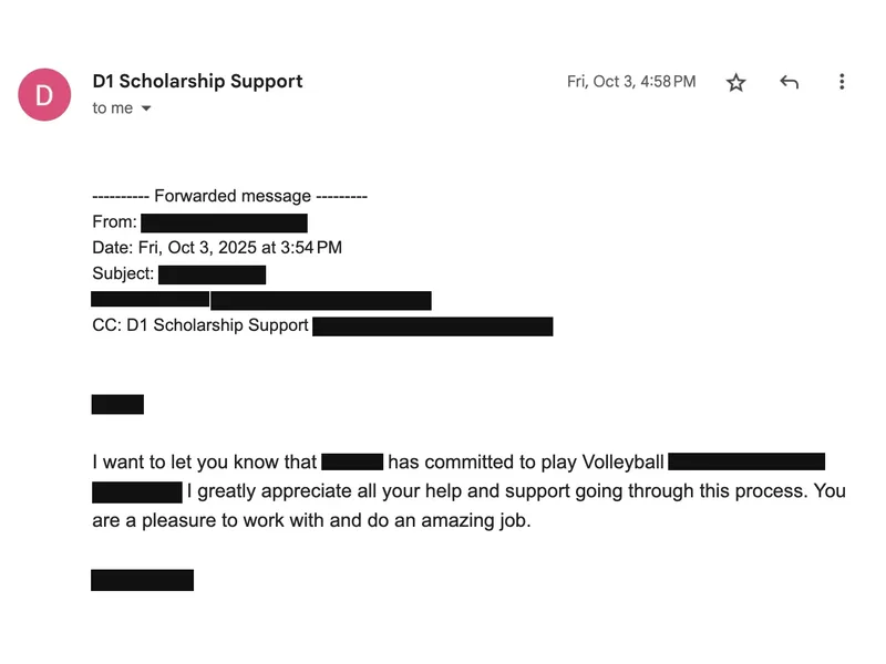 Testimonial screenshot: Committed to play college volleyball