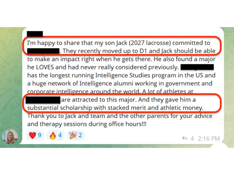 Testimonial screenshot: Successful college search with expert advice and support