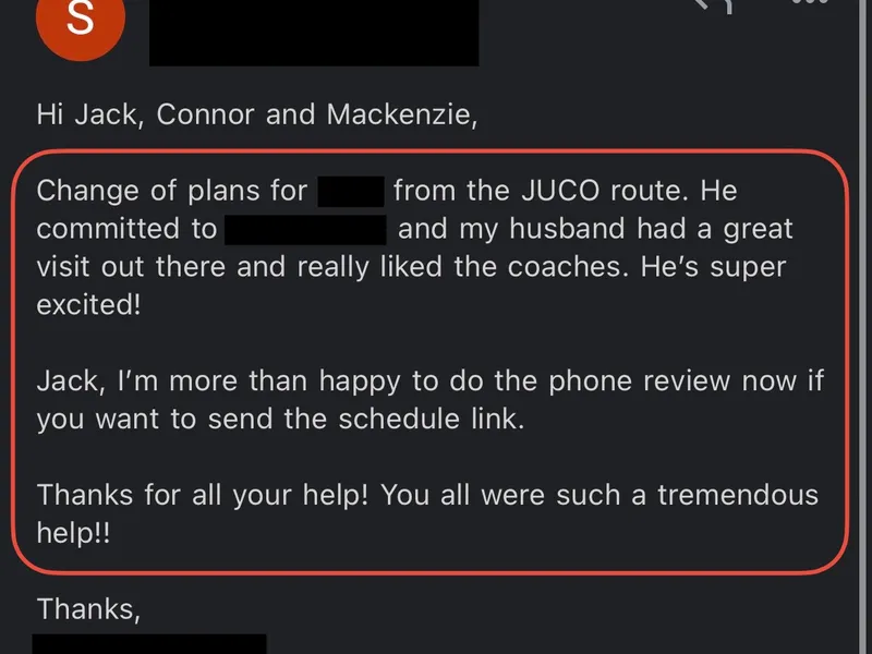 Testimonial screenshot: Committed to university instead of JUCO route