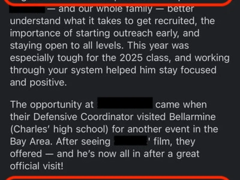 Testimonial screenshot: D3 football and track commitment confirmed