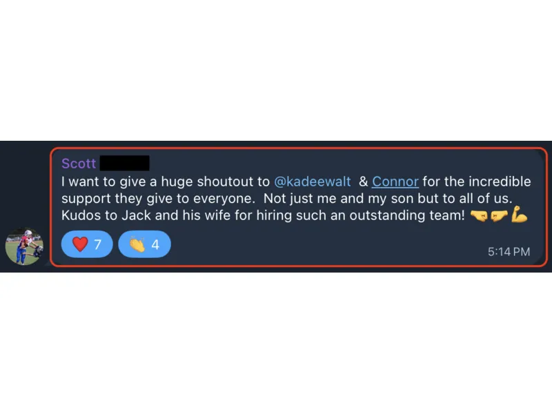 Testimonial screenshot: Praise for team support and guidance