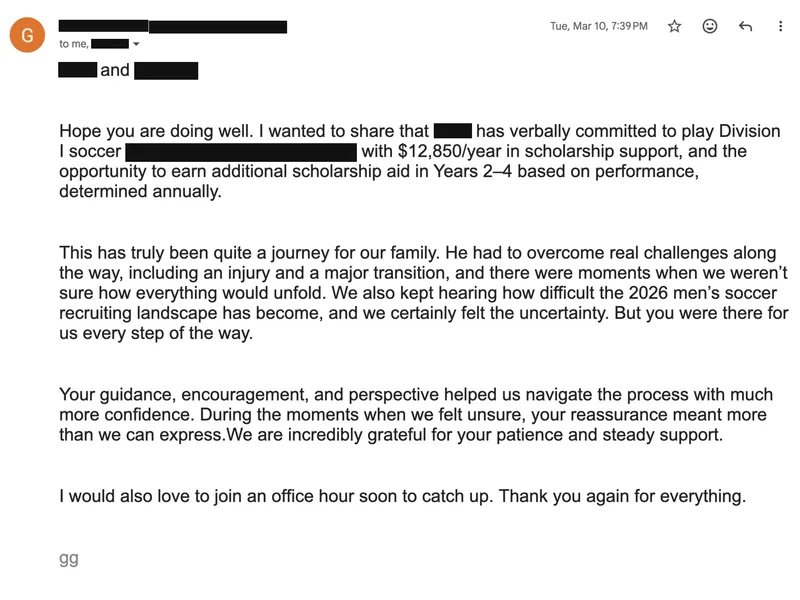 Testimonial screenshot: Soccer commit receives $12,850 annual scholarship