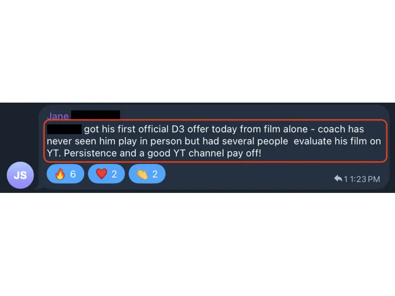 Testimonial screenshot: First D3 offer received via film alone