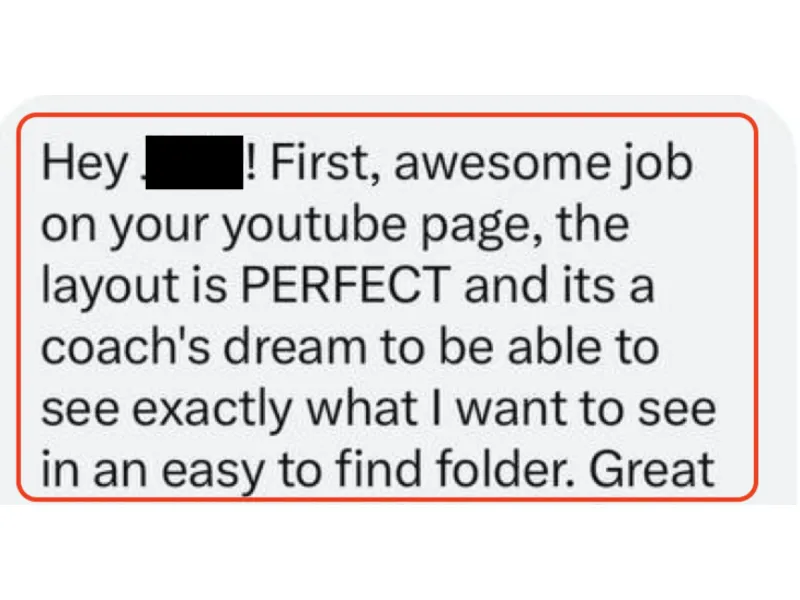 Testimonial screenshot: YouTube channel layout praised for professional presentation