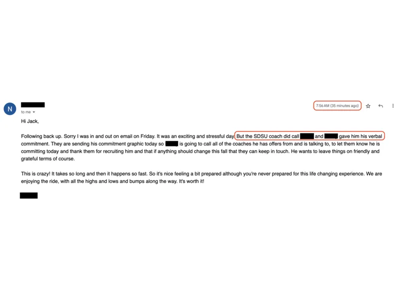 Testimonial screenshot: Accepted verbal commitment to San Diego State University