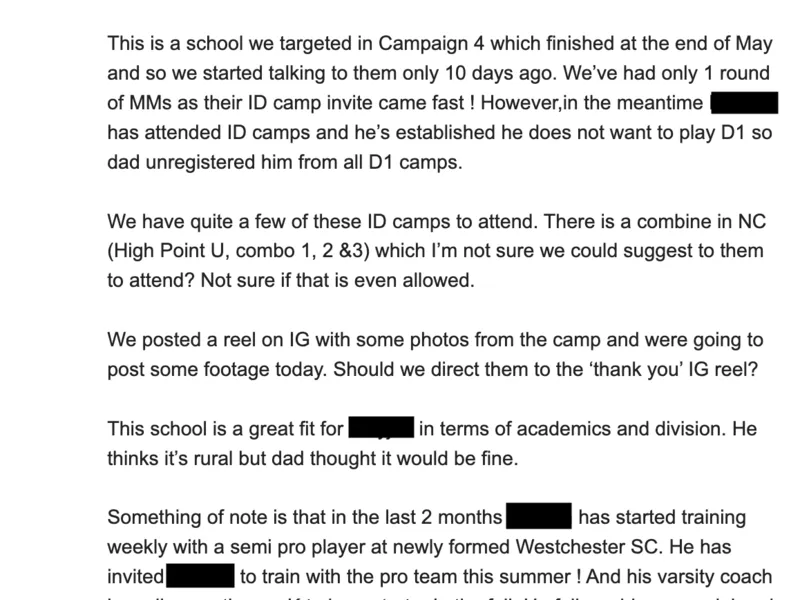 Testimonial screenshot: Reached 52 engaged colleges through recruitment campaigns