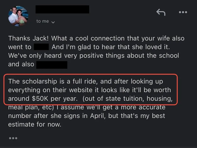 Testimonial screenshot: Full ride scholarship worth $50k annually