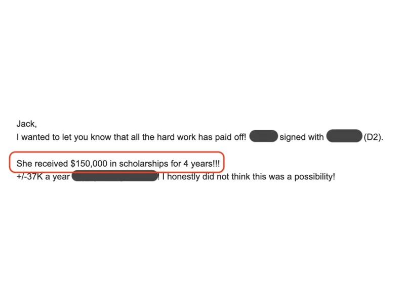 Testimonial screenshot: $150,000 in scholarships over four years