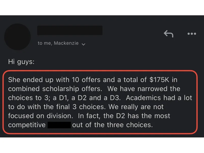 Testimonial screenshot: Ten offers and $175,000 in total scholarships