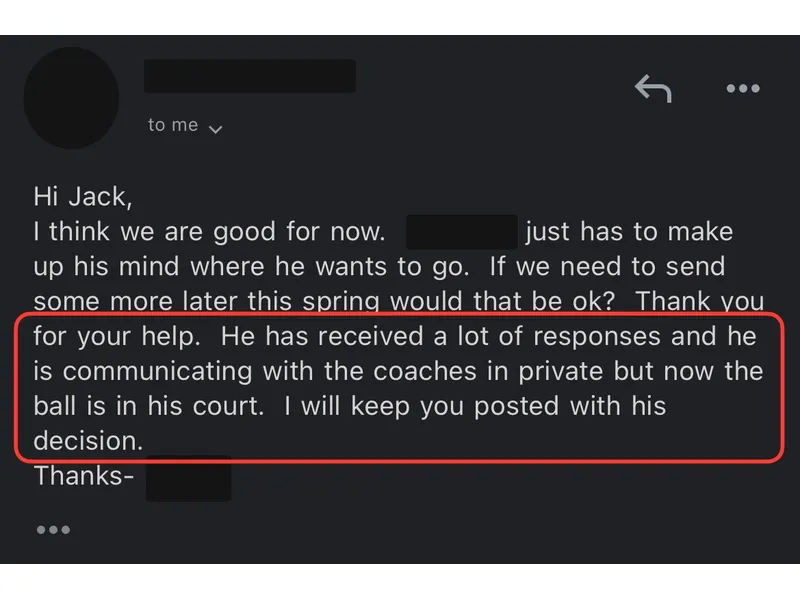 Testimonial screenshot: Many responses received from college coaches