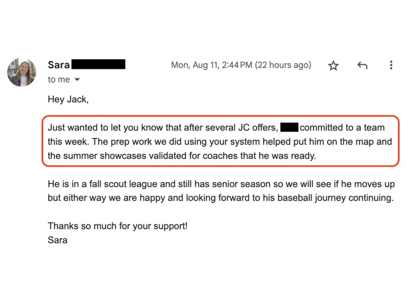 Testimonial screenshot: Commitment following several junior college offers