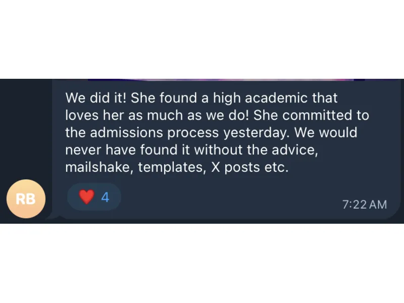Testimonial screenshot: Athlete committed to high academic university