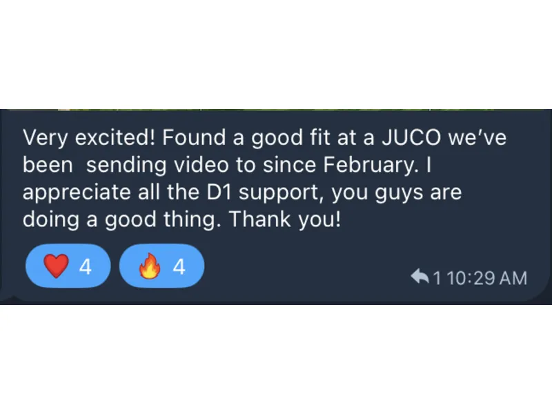 Testimonial screenshot: Athlete found JUCO fit via video outreach