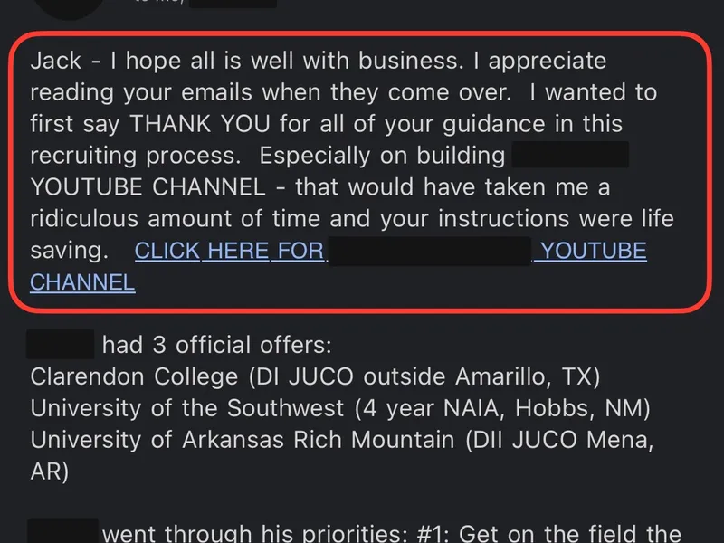 Testimonial screenshot: Committed to college after three official offers