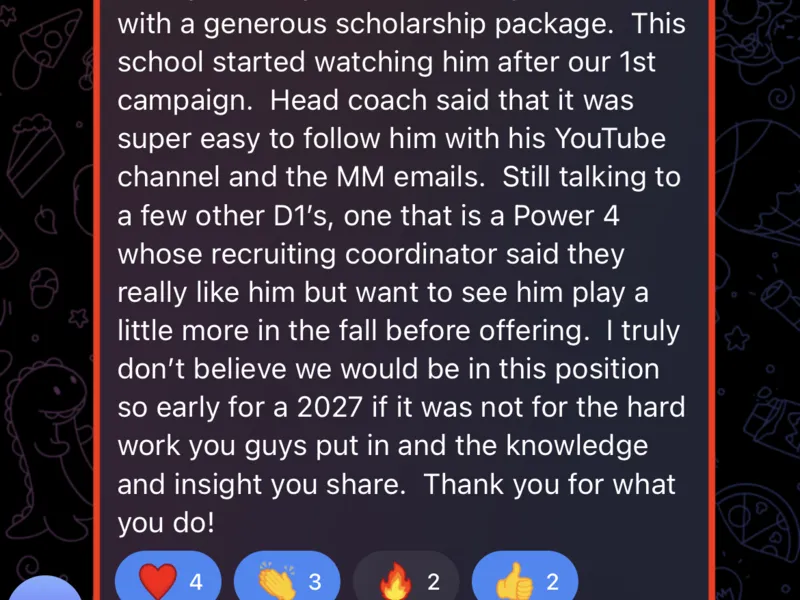 Testimonial screenshot: Received first D1 scholarship offer