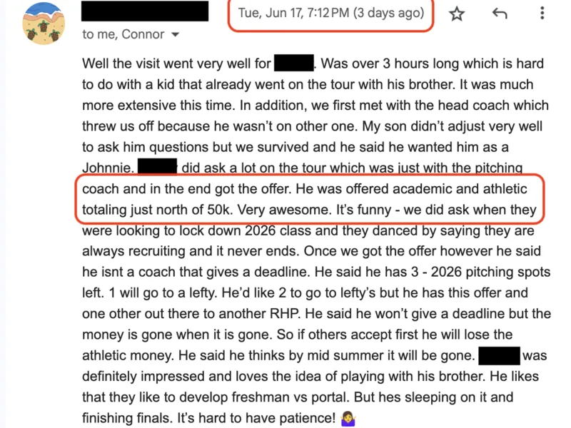 Testimonial screenshot: Athletic and academic offers totaling over $50k