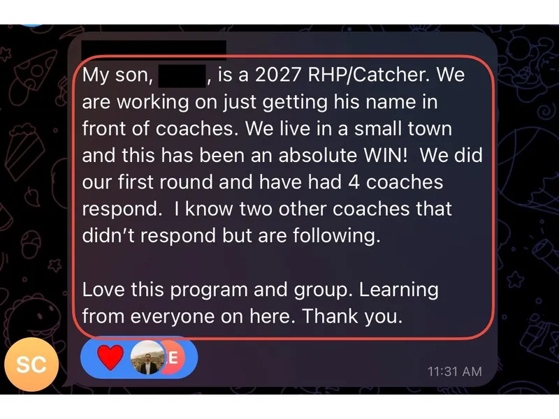 Testimonial screenshot: Four coaching responses in small town