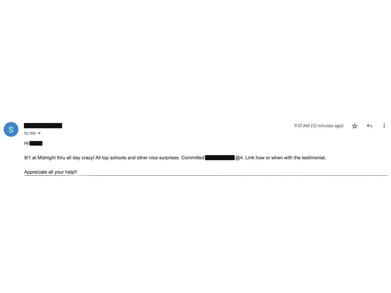 Testimonial screenshot: Committed to top D1 program successfully