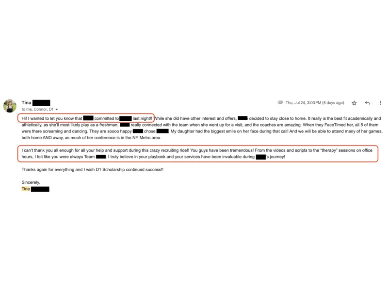 Testimonial screenshot: Committed to local D1 program