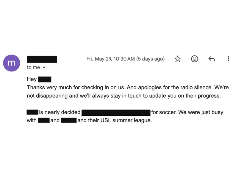 Testimonial screenshot: Soccer player nearing college decision