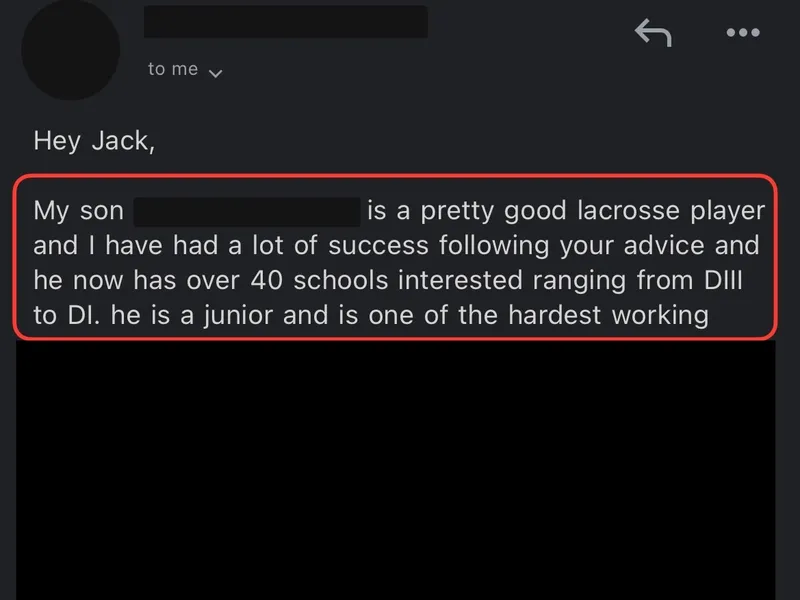 Testimonial screenshot: Over 40 schools interested in lacrosse player