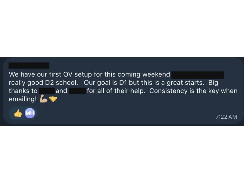 Testimonial screenshot: First official visit scheduled at Division 2 school