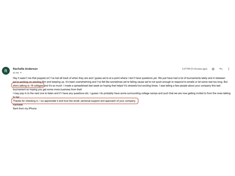 Testimonial screenshot: Currently in communication with 18 different colleges