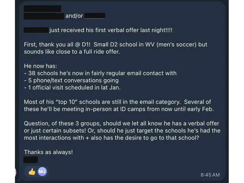 Testimonial screenshot: Verbal offer plus 38 active school contacts
