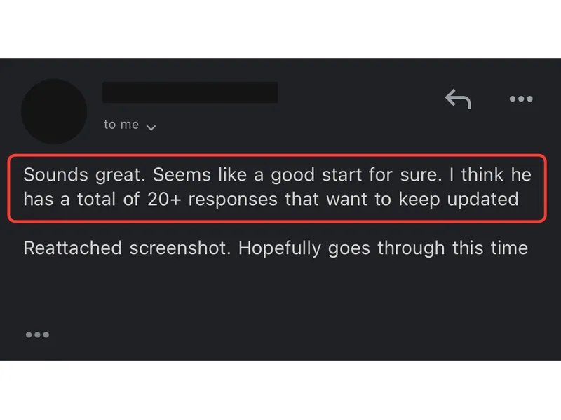 Testimonial screenshot: 20+ responses from interested schools