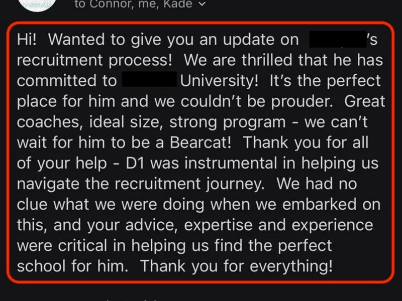 Testimonial screenshot: Committed to university with recruitment guidance