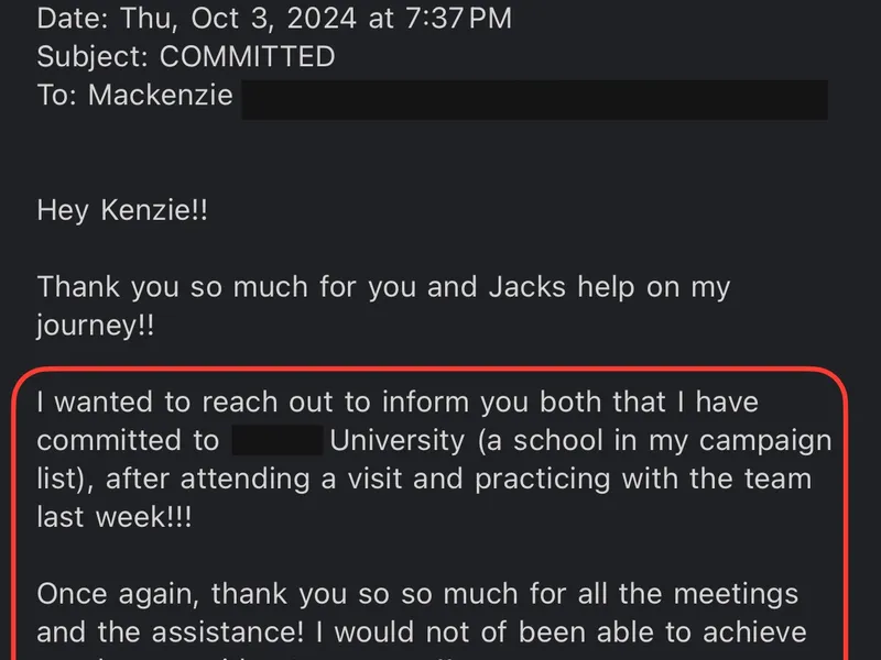 Testimonial screenshot: Committed to university after team visit