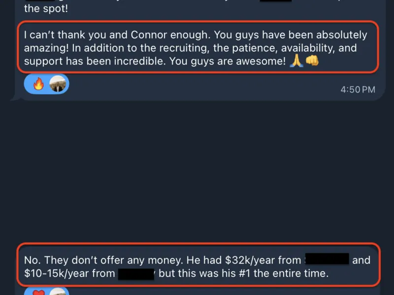 Testimonial screenshot: Chose a top-choice school over scholarship offers