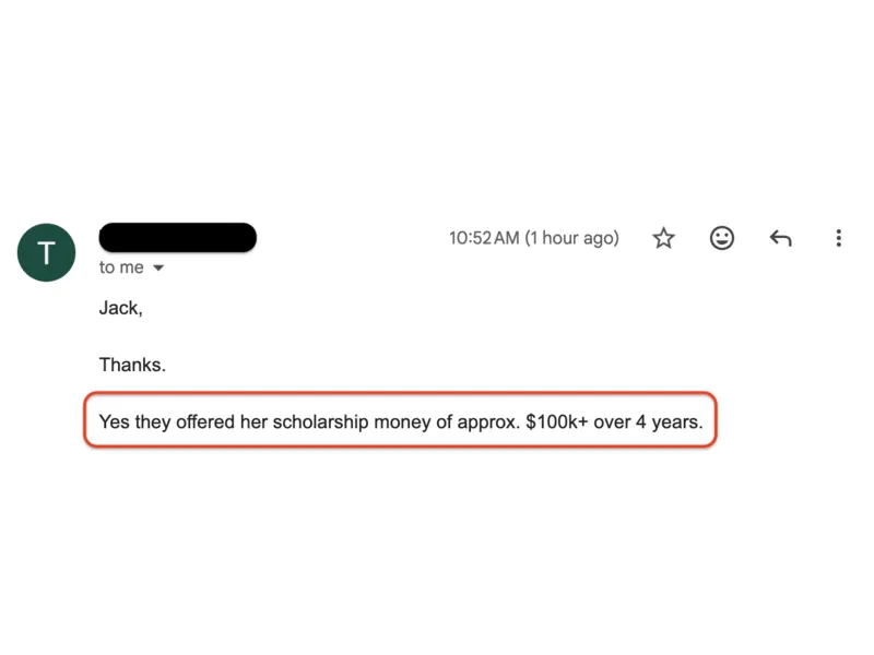 Testimonial screenshot: Scholarship money totaling over $100k over 4 years