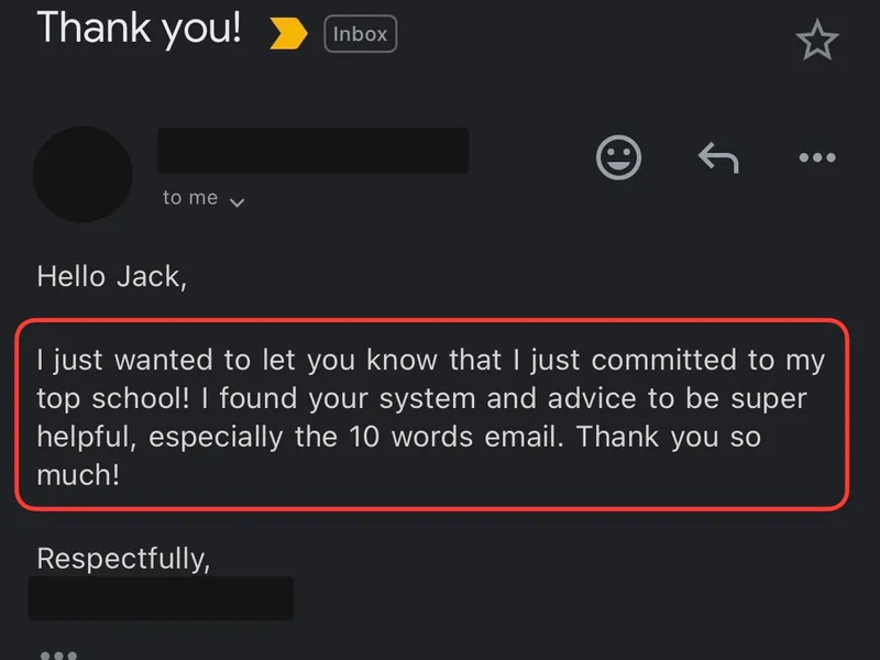 Testimonial screenshot: Committed to top school using advice system
