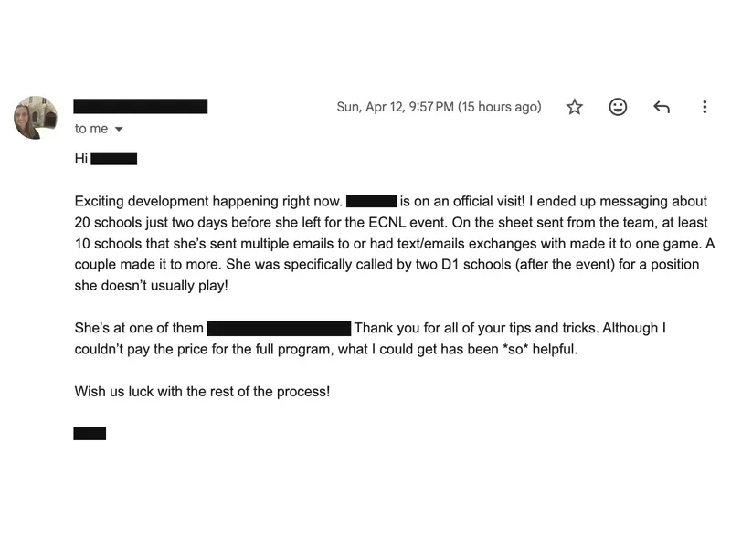 Testimonial screenshot: Official visit after reaching out to 20 schools