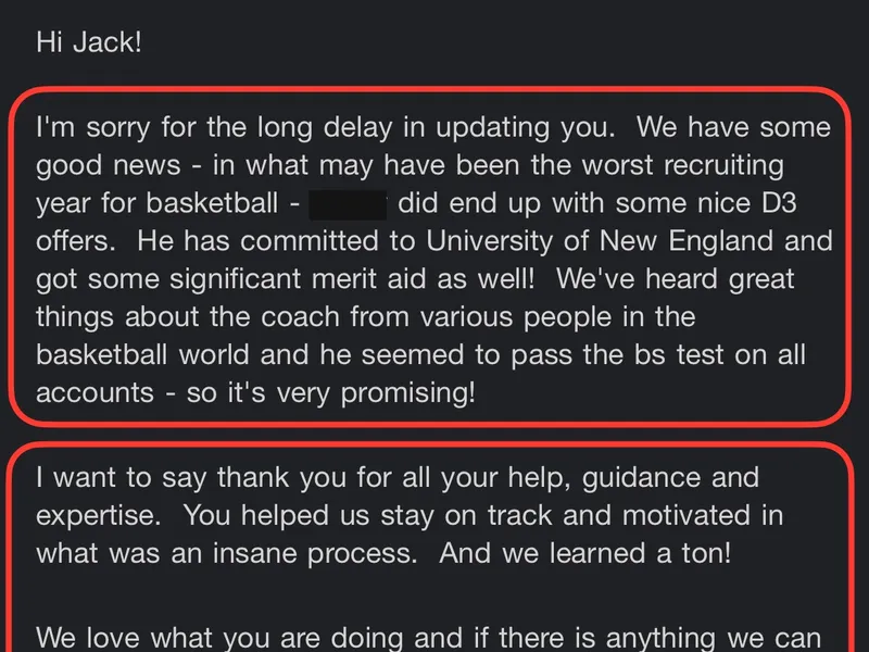 Testimonial screenshot: D3 offer with significant merit aid