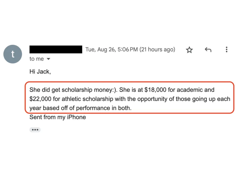 Testimonial screenshot: $40,000 in academic and athletic scholarships